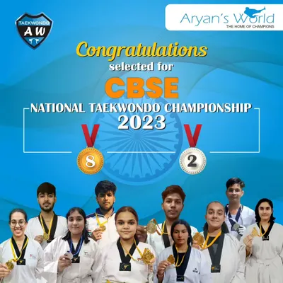 A proud moment for Team Aryans. Here are our students who were selected for the CBSE National Taekwondo Championship 2023 after winning 8 gold and 2 silver medals.