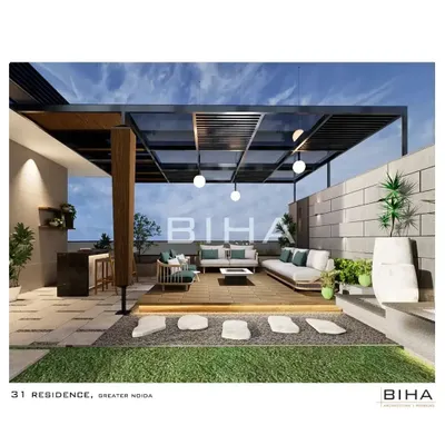 A 3D visualization of our terrace design for a Greater Noida residence, featuring a modern pergola, a raised wooden deck for lounging, and an integrated bar. This concept transforms the rooftop into a multi-functional outdoor living space.