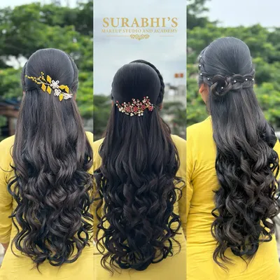 A showcase of modern, open-hair styles perfect for receptions or parties, featuring soft curls and elegant hair accessories.