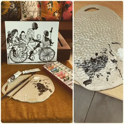 Broken doesn't mean useless. This cheese platter broke in transit, but instead of being thrown away, it was repurposed into this beautiful paint palette, embracing its new story.