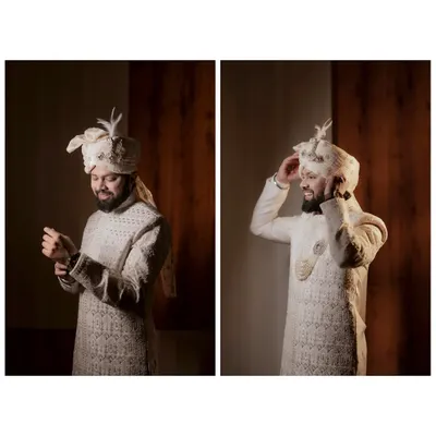 A diptych showing the groom getting ready for his big day. These portraits capture the final touches, from adjusting his cuffs to fixing his turban (safa), highlighting the anticipation and style of the moment.