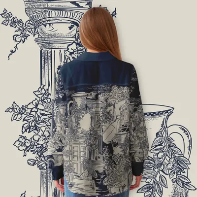 A mockup showing the back of a shirt featuring my 'Elysian Echo' print. The detailed, toile-like design with its Greek columns and botanicals creates an elegant and timeless piece of wearable art.