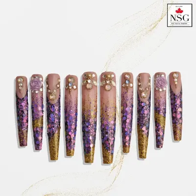 This set of extra-long coffin nails is a showcase of detailed artistry. I combined a purple and gold glitter ombré with hand-sculpted 3D roses and carefully placed rhinestones for a truly regal and glamorous look.