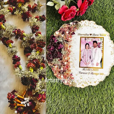 This is the beautiful transformation of a wedding varmala into a timeless keepsake. The 'From' shows the flowers as they arrived, and the 'To' reveals the final resin plaque, where the couple's photo is surrounded by their preserved wedding flowers.
