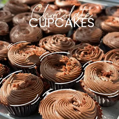 A tray of my rich chocolate cupcakes. Each one is topped with a generous swirl of luscious chocolate frosting and a sprinkle of chocolate shavings, perfect for any gathering.