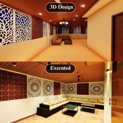 A side-by-side look at the 3D design and the final executed terrace room. Notice how every element, from the CNC panels and jali bricks to the seating arrangement and lighting, is brought to life with precision.