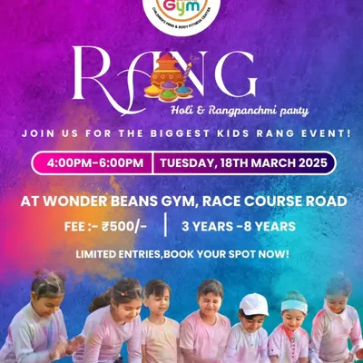Our poster for the "Rang" Holi party, inviting kids for a day of games, water play, and safe colors.