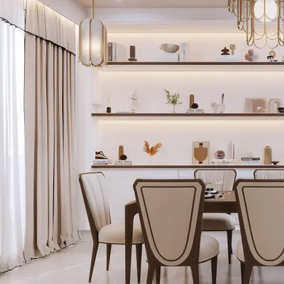 A sophisticated dining area featuring elegant chairs and backlit display shelves. The render focuses on the warm, ambient lighting and the carefully curated decor.