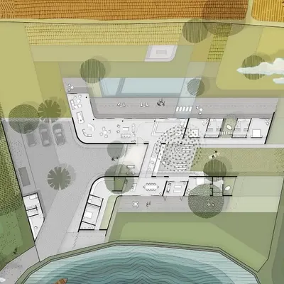 For this Alibaug home, we used an illustrated plan to capture the poetry of the site. The drawing shows the relationship between the house, the surrounding fields, and the pond, reflecting the passing of time and the life within the space.