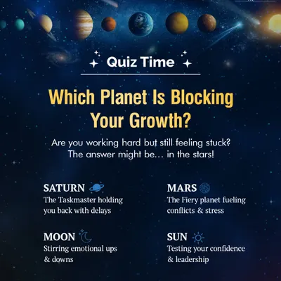Quiz: Which planet is blocking your growth? If you feel stuck despite working hard, the answer might be in your stars. This quiz helps you identify if Saturn, Mars, the Moon, or the Sun is creating delays, conflicts, or emotional turmoil in your life, so you can find the right remedy.