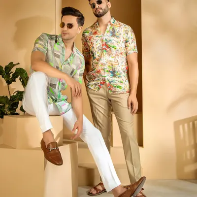 A styled studio shoot for a men's casual wear brand. The relaxed poses and warm lighting perfectly capture the laid-back vibe of the collection, making it ideal for social media and lookbooks.