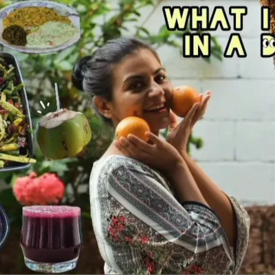 A collage showing what I eat in a day. It includes fresh juice, a smoothie bowl, a large salad, coconut water, and a wholesome khichdi dinner, proving that a healthy diet is full of variety and flavor.