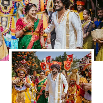 A collage showcasing the vibrant and festive procession for the parents-to-be. I capture the movement, the colours of the traditional dancers, and the couple's joy as they walk through a shower of flower petals.