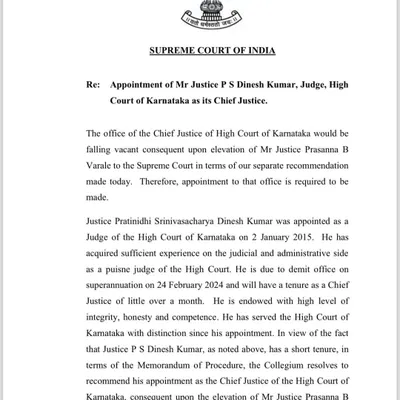 This is the first page of the Supreme Court of India's recommendation for the appointment of Mr. Justice P S Dinesh Kumar as the Chief Justice of the High Court of Karnataka.