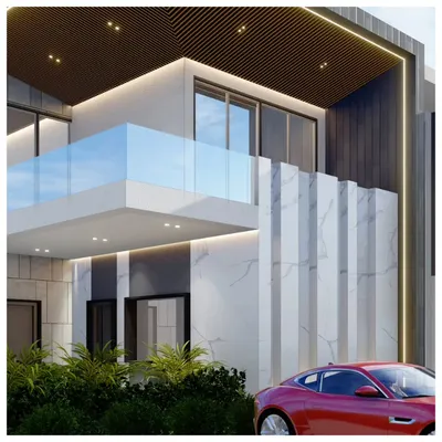 This 3D render shows a modern villa facade I designed. The composition uses a mix of white marble, dark wood panels, a glass balcony, and strategic lighting to create a strong architectural statement.