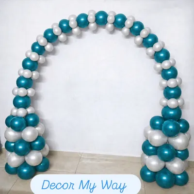 This is an example of a classic linked balloon arch, perfect for indoor events or framing a specific area. The combination of metallic teal and pearl white creates a sophisticated and modern look, but I can create a similar structure using any color palette to match your event's theme or company branding.
