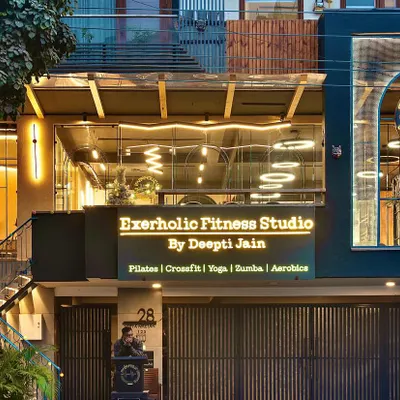 The exterior of Exerholic Fitness Studio, your destination for wellness in Delhi. I created this space to be both beautiful and functional, a true sanctuary for body and mind.