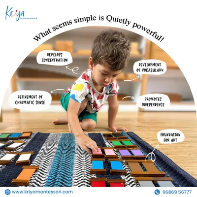 A child works with the Colour Tablet Box, a sensorial material for developing visual discrimination of colors. This activity refines the chromatic sense, builds concentration, and lays a foundation for art.