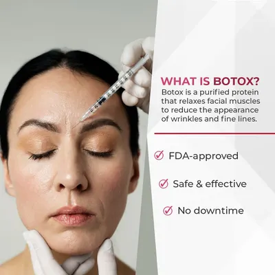 Botox is a purified protein that I use to relax specific facial muscles that cause wrinkles. It is an FDA-approved, safe, and effective treatment for reducing the appearance of fine lines, particularly on the forehead and around the eyes, with no downtime.