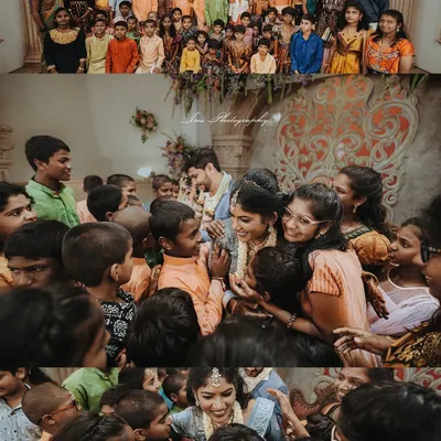 A collage of photos from an engagement ceremony. The images capture the couple being joyfully surrounded and embraced by a large group of children, showing a unique and heartwarming celebration.