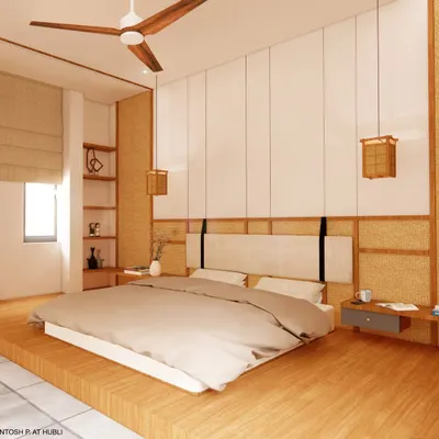 This rendering shows a Japandi-style bedroom from another angle, highlighting the built-in shelving and the clean, minimalist lines of the design. The use of natural materials like wood and rattan is key to this aesthetic.