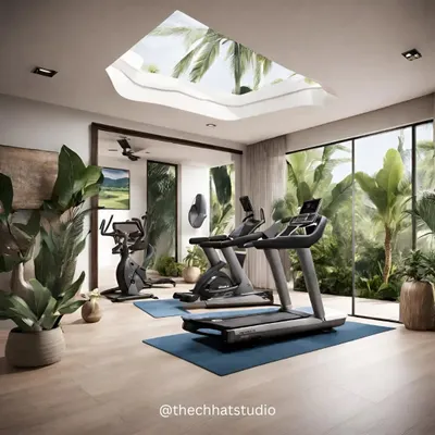 This fitness studio concept features a large skylight that bathes the workout area in natural light. We've included ample greenery and wood flooring to create a connection to nature, making the space feel refreshing and serene.