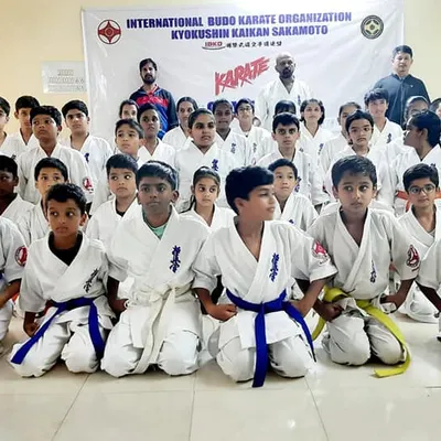 A group photo from our 66th Bangalore Grading event. Each belt represents a new level of understanding and commitment to the art of Kyokushin.