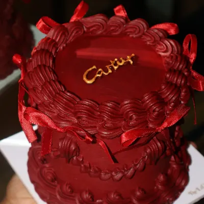 She said Cartier, so we made it cake. This rich, red vintage-style cake is inspired by the iconic jewelry box, complete with the Cartier logo in gold.