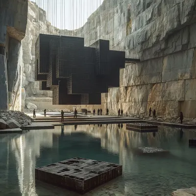 A conceptual image from our research presentation titled 'MISUSE-DISUSE-REUSE'. This visual proposes a museum suspended within a quarry, prompting a re-evaluation of how we can intervene in and assign new purpose to post-industrial landscapes.