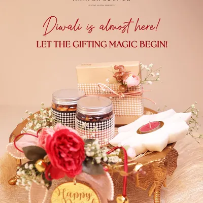 Diwali is almost here, and the gifting magic is beginning. This hamper, presented on a golden elephant tray, is filled with premium dry fruits and a beautiful candle, complete with a "Happy Diwali" tag to spread festive joy.