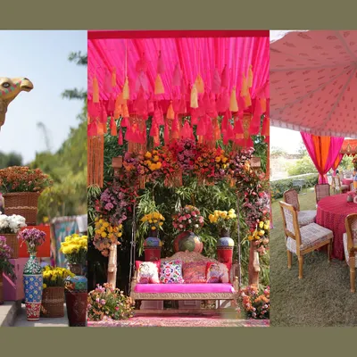 A collage showcasing a vibrant, pop-colored Mehendi setup. This is for the couple who wants their celebration to be a riot of happy hues, with quirky elements like painted camels and colorful seating.
