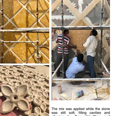 For Stone Print Villa, we revived the use of Jaisalmer yellow sandstone by developing a blending process with lentil paste and jaggery sap. This strengthened the porous stone, allowing for the fine chiselling and precision cuts seen in these on-site application photos.