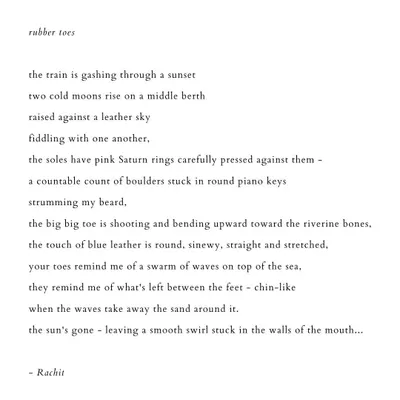 A poem titled 'rubber toes'.