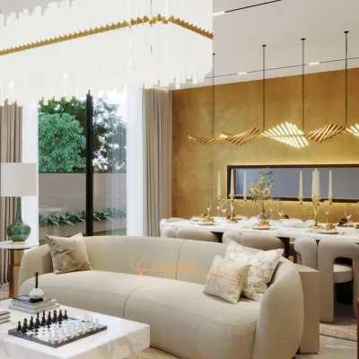This open-concept living and dining space is designed for both grand entertaining and quiet relaxation. I focused on sculptural furniture, layered textures, and statement lighting to create an atmosphere of understated luxury and calm.