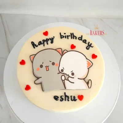 A cute and simple birthday cake for Eshu. This no-fondant cake features an adorable hand-painted illustration of the "Peach and Goma" cats, perfect for celebrating with your favorite person.