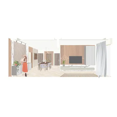 An initial concept illustration for an apartment living and dining area, exploring the layout, material palette, and overall mood of the space.