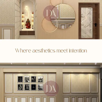 This collage shows a mandir unit with a peacock feather detail and a Ganesha idol, set within a niche. The design uses traditional patterns and warm lighting to create a peaceful and divine corner.