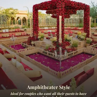 A breathtaking amphitheater-style seating arrangement for a royal Rajasthani wedding. The central mandap, covered in red roses, is the focal point, ensuring every guest has an unobstructed and spectacular view.