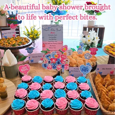 A beautiful baby shower brought to life with perfect bites. This stunning spread features themed cupcakes, savory samosas, pani puri shots, and mini pav bites, celebrating the sweet moments to come.