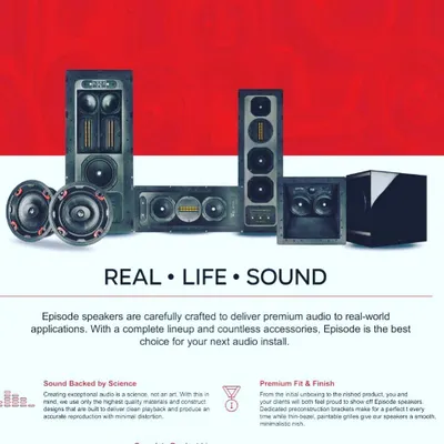We source speakers from specialized audio brands like Episode. Their product lineup includes a variety of options, from in-wall speakers that disappear into your room to powerful subwoofers, allowing us to design a scientifically-backed sound system for any application.
