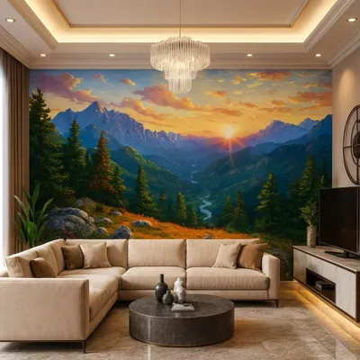 A breathtaking sunset mountain landscape wallpaper that turns this living room wall into a window with a view. The warm colors create a cozy and inviting atmosphere.