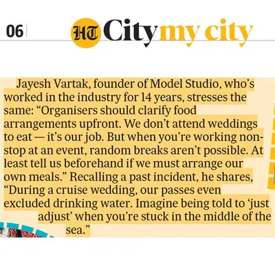 Our founder, Jayesh Vartak, was featured in HT City discussing the importance of professionalism in the wedding industry. This clipping highlights his direct quote on vendor logistics.