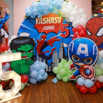 This is how we build a superhero headquarters. Our decor includes bold, graphic backdrops, character cutouts like Captain America and Hulk, and balloon arrangements in classic hero colors to set the stage for an epic party.
