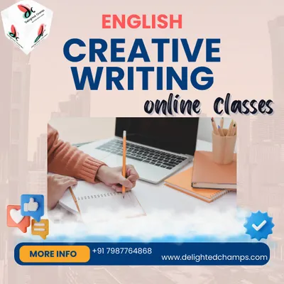This graphic promotes our online English creative writing classes. We focus on teaching the art of storytelling and self-expression, helping students expand their creative horizons through the power of words.