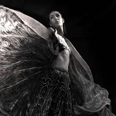 The beauty of monochrome is its ability to capture movement and light. The swirling fabric of the dress creates a breathtaking pattern against the black background, turning a fashion shot into a piece of art.