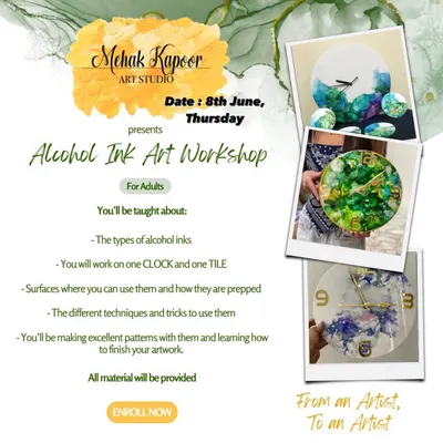 My alcohol ink workshop is perfect for adults looking for a creative escape. This poster shows what you can expect: you'll learn all about the inks and techniques, and you'll make your own clock and tile.