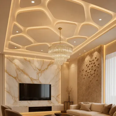 Beyond walls, we also specialize in stunning ceiling designs. This image showcases a modern gypsum false ceiling with organic shapes and integrated LED lighting, creating a luxurious ambiance.