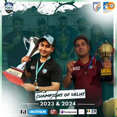 Reigning, defending, undisputed. A graphic celebrating our Technical Director with the trophies from our 2023 and 2024 Delhi league championship victories.