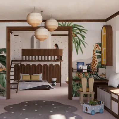 A proposed design for a kid's bedroom at Opulent Spire, Jayanagar. The room has a tropical theme with bold wallpaper, a custom bunk bed, and a bay window seating area, creating multiple zones for play, study, and rest.