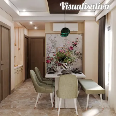 The 3D visualization for a dining area, showing our initial plan with a floral art piece, bench seating, and elegant pendant lights.